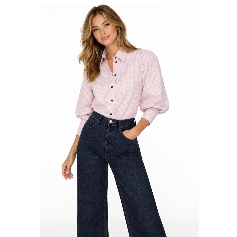 Sandro Paris Pink Gingham Check Puff Sleeve Cotton Button Down Shirt M